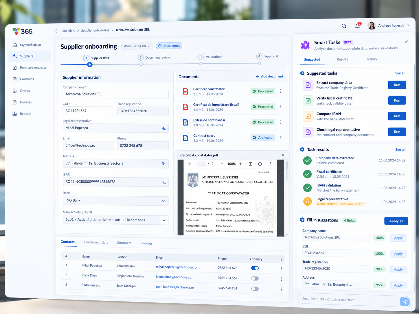 Vision Smart Tasks in a supplier onboarding workflow