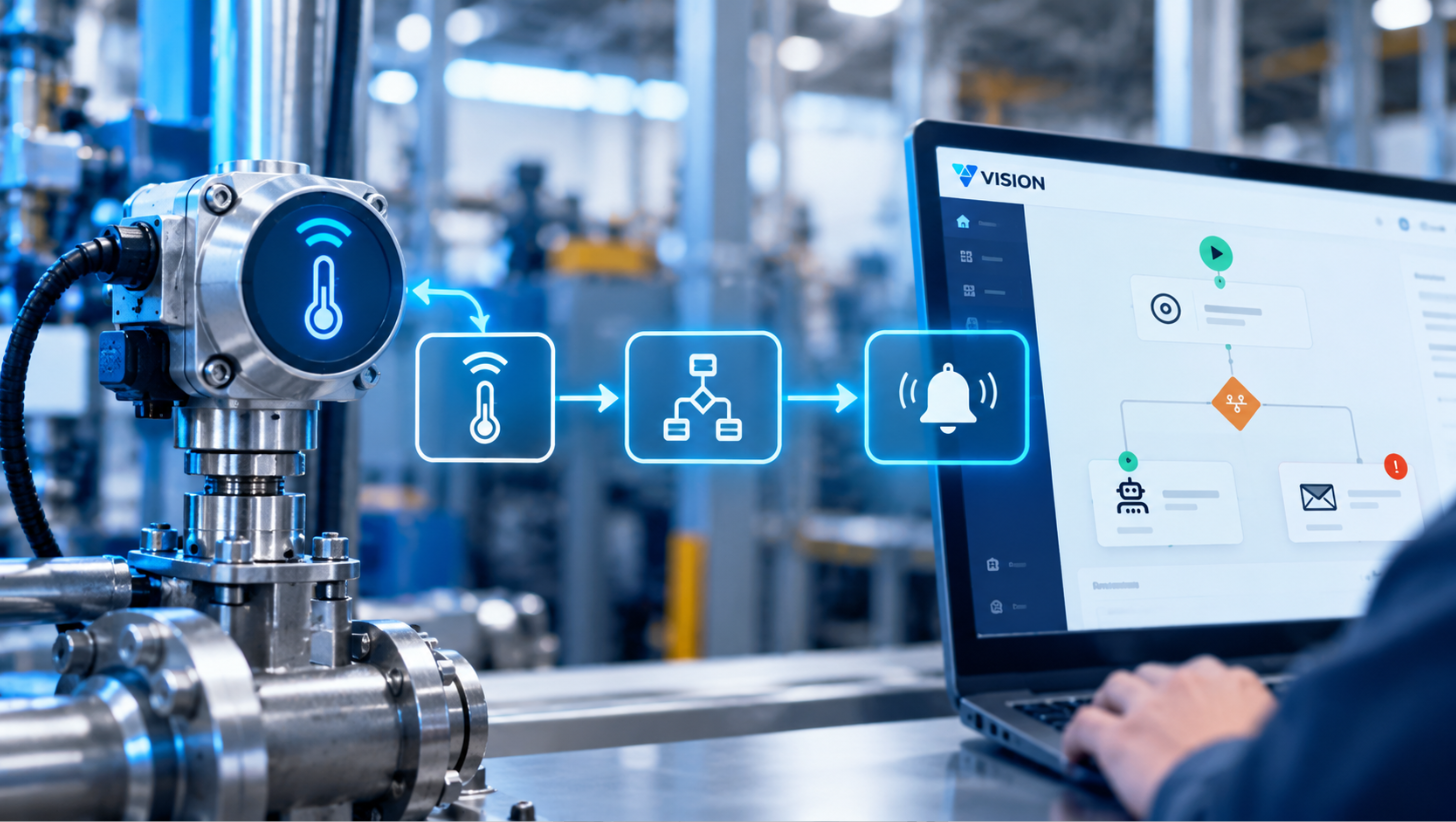 Industrial IoT sensors sending real-time data into automated process flows