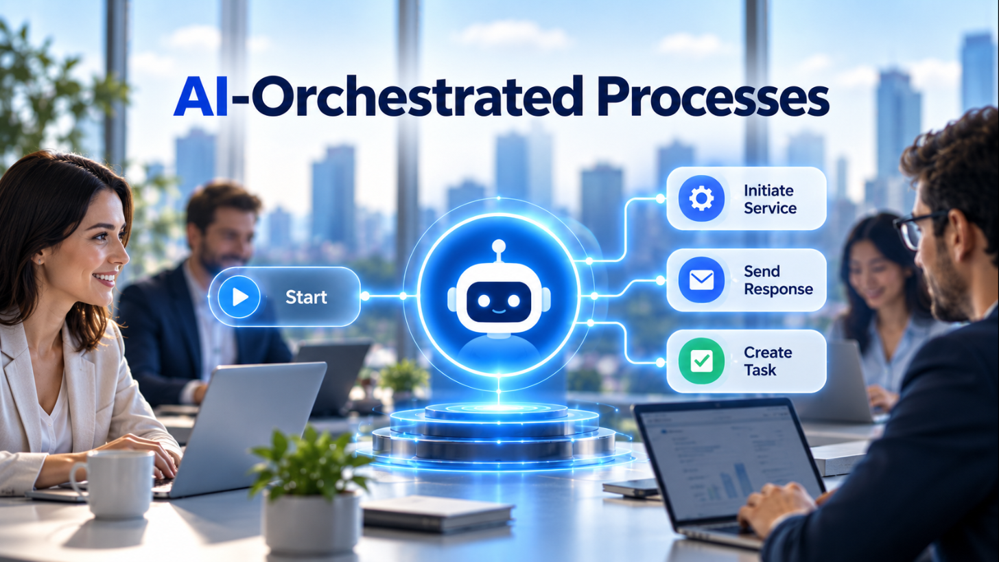 AI-orchestrated process: an AI agent receiving a request and triggering service actions while colleagues work in the office