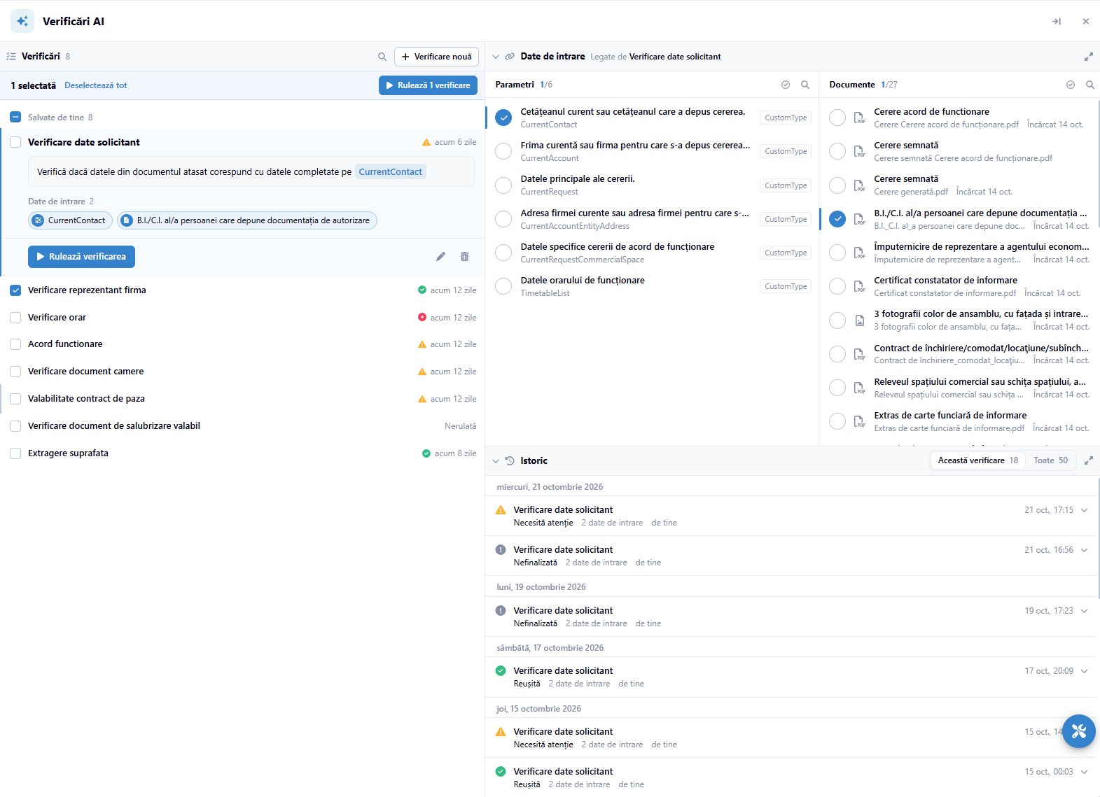 AI checks on a request: saved checks, input data and documents, run history