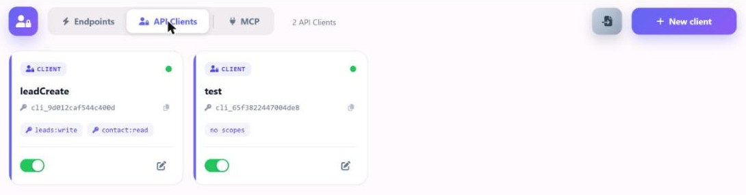 Clienți API, cu ID-ul de client și scope-urile