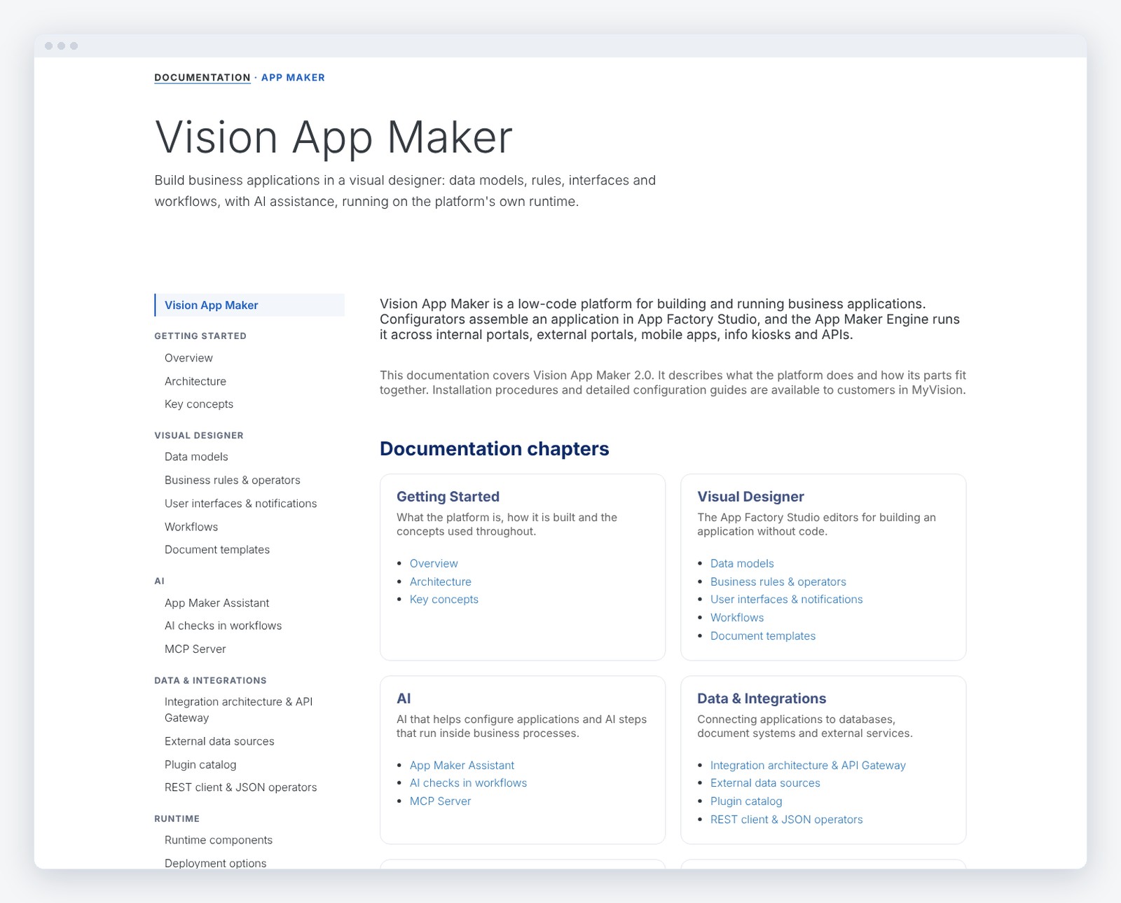 Capitolele documentației Vision App Maker
