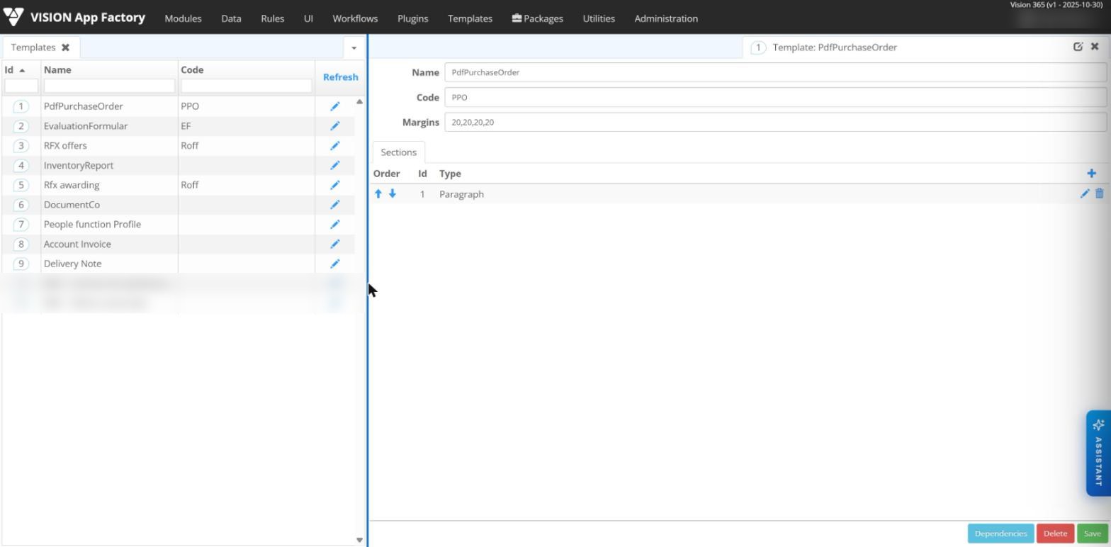 Document template editor: code, margins and ordered sections