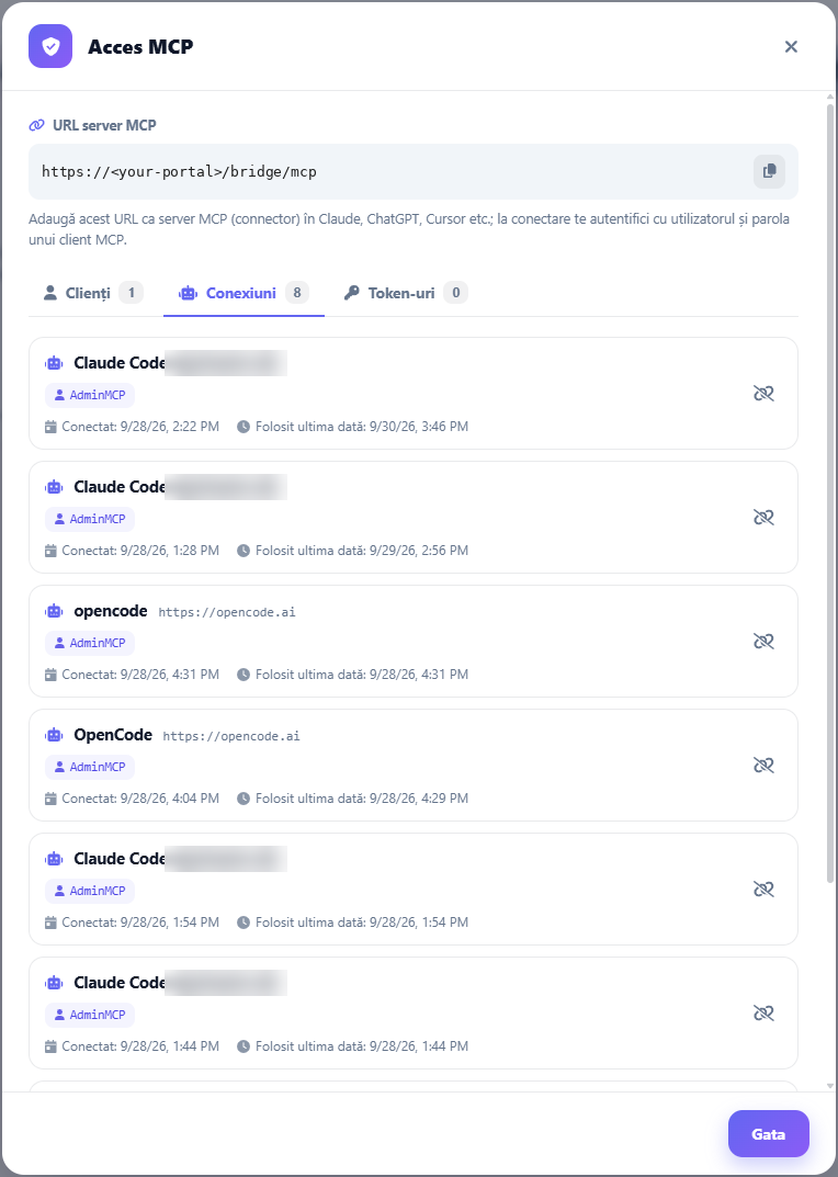 MCP access: server URL and connected AI clients, each revocable