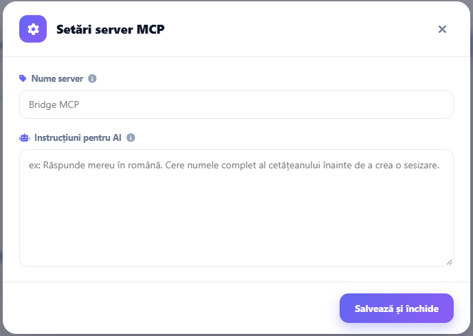 MCP server settings: display name and instructions for AI clients
