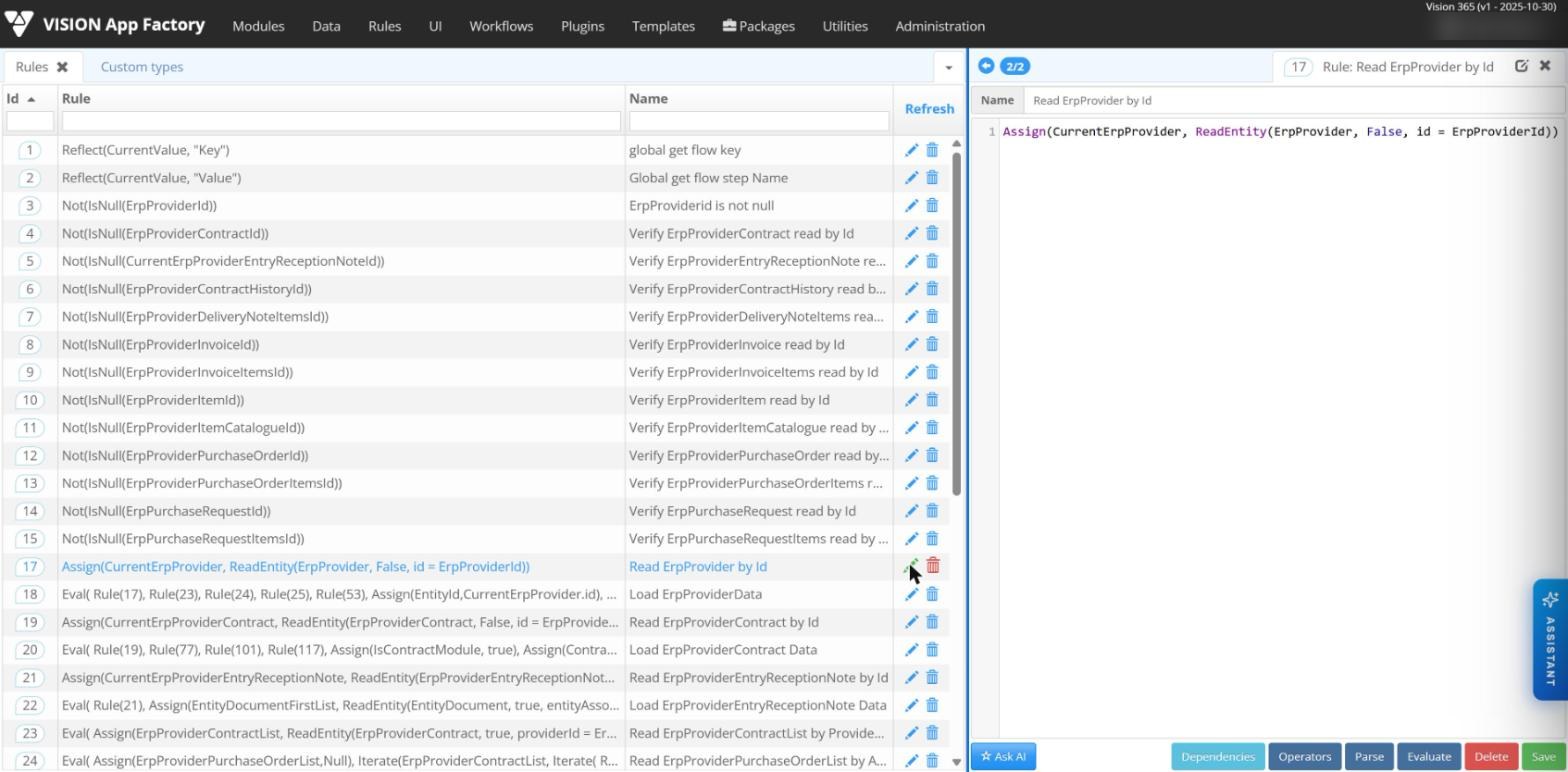 Rules list and rule editor, with operators, parse and evaluate actions and AI help