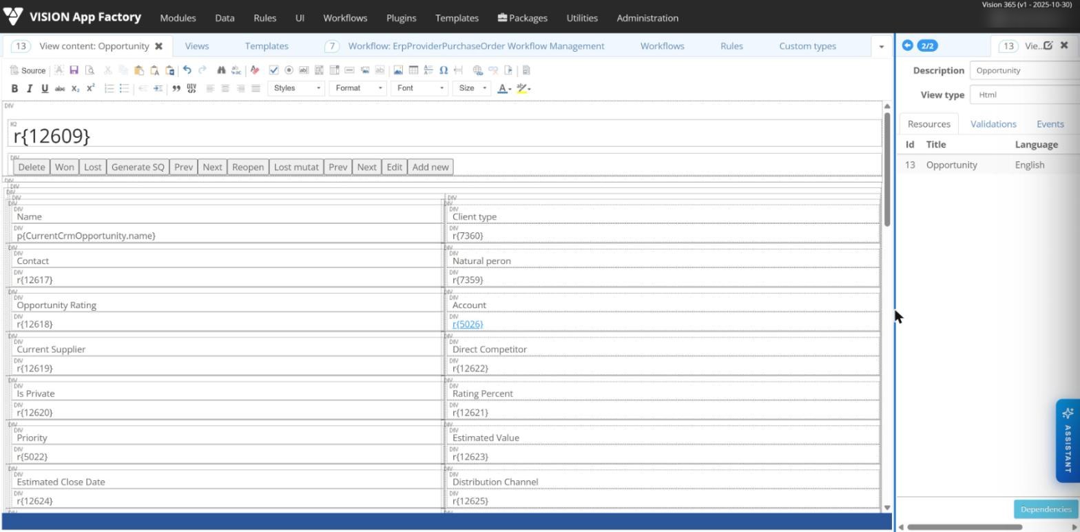 Visual view editor: fields bound to data and rules, action buttons