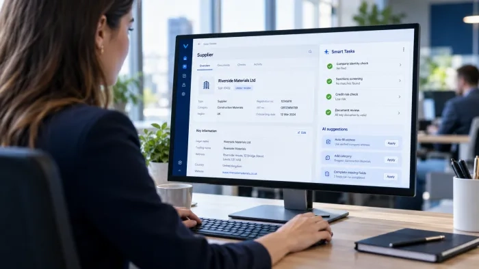 A colleague reviewing a supplier record with Vision Smart Tasks checks and AI suggestions on screen