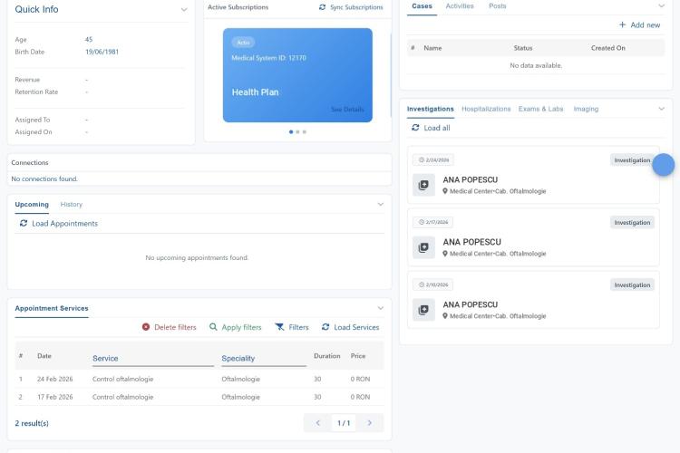 Profil Patient 360 cu abonamente, programări și investigații