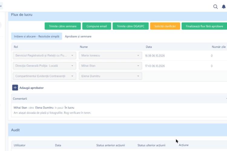 Portal intern: dosarul cererii cu flux de aprobare și comentarii